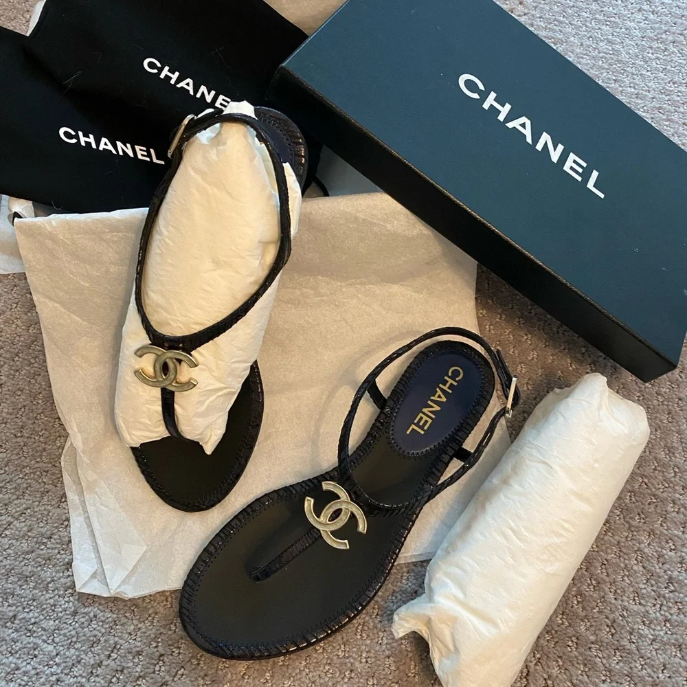 CHANEL | Shoes | Chanel Cc Logo Thong Sandals Dark Navy365 | Poshmark
